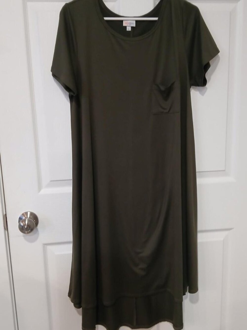 LuLaRoe Olive Green Long Maxi Dress, Short Sleeves + Pocket - Large